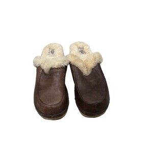 UGG Chestnut Kalie Suede Sheepskin  Slip On Wood Platform Wedge Clogs Sz 9